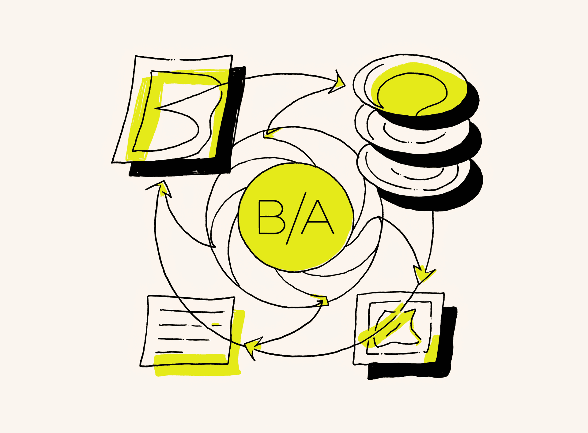 Risograph-style illustration of three client workspaces flowing into a single agency queue.