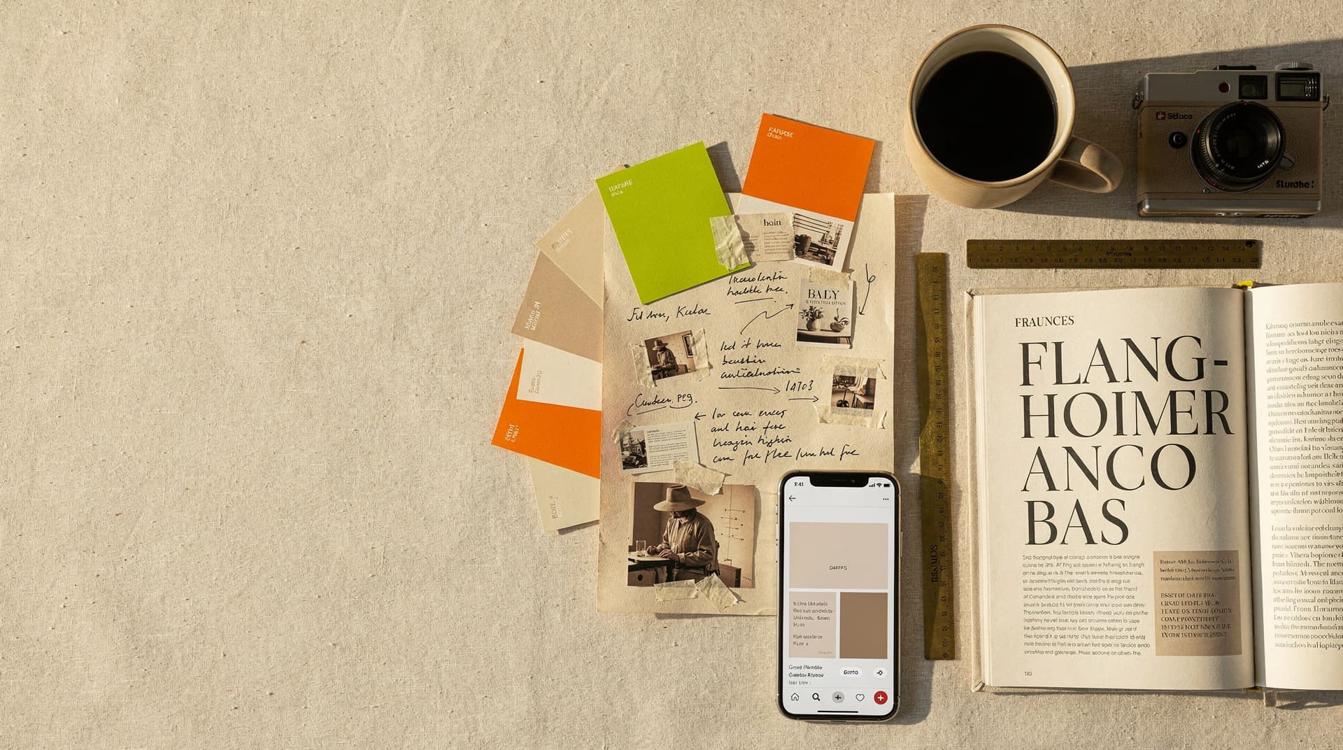 Overhead flat-lay of a marketing manager's desk with brand moodboard, colour swatches, type specimen book, phone previewing a social post, and ceramic mug on warm cream linen.